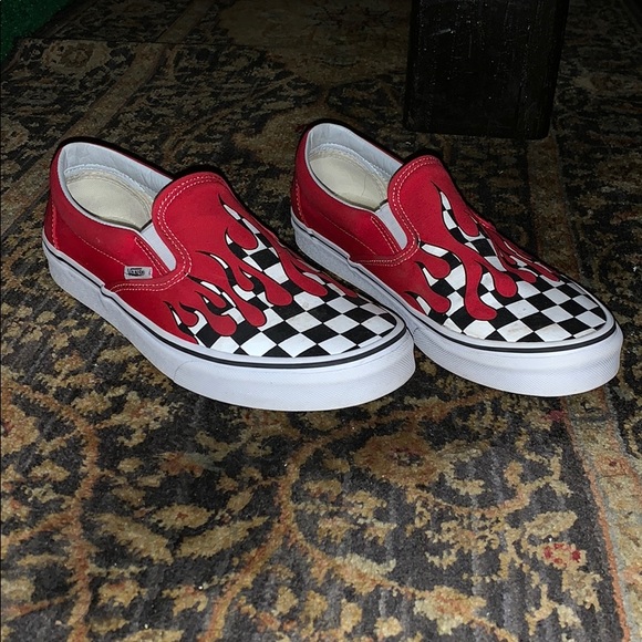 checkered flame vans slip ons